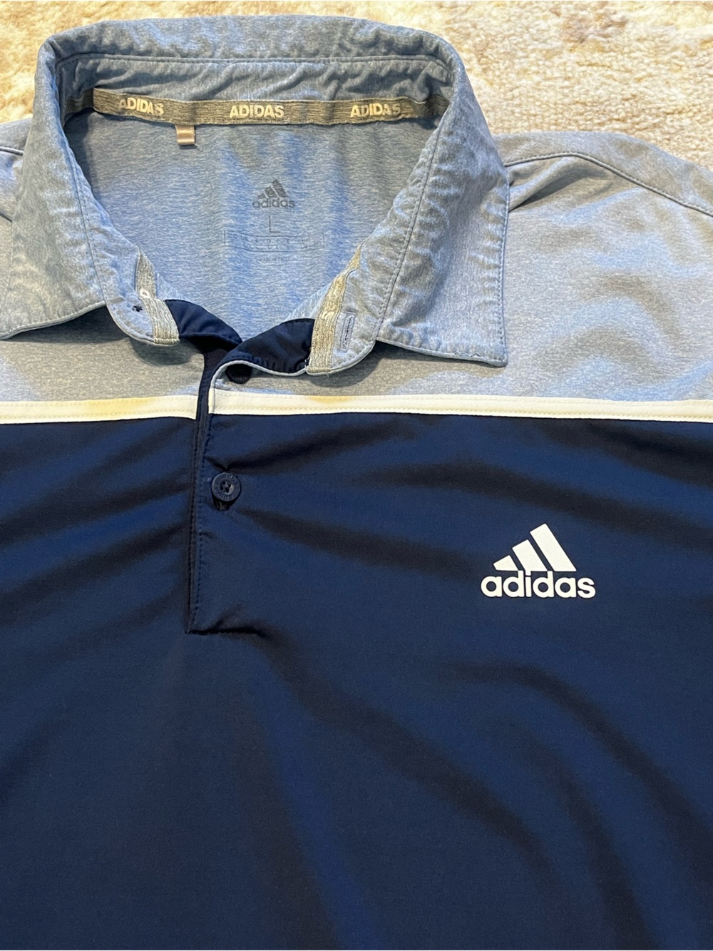 Adidas Mens Large Golf Polo Shirt Navy Blue  Colorblock Climalite Short Sleeve